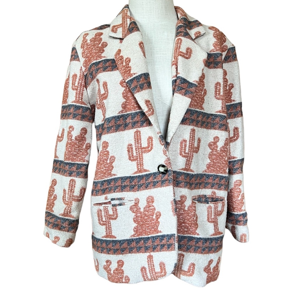 Vintage Tracy Evans Small Western Blazer Wool Blend Cactus Southwestern 1980s